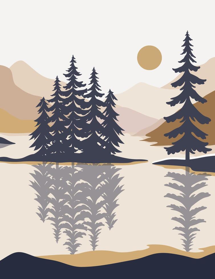 landscape background.wall art . Foliage line art drawing with abstract shape vector