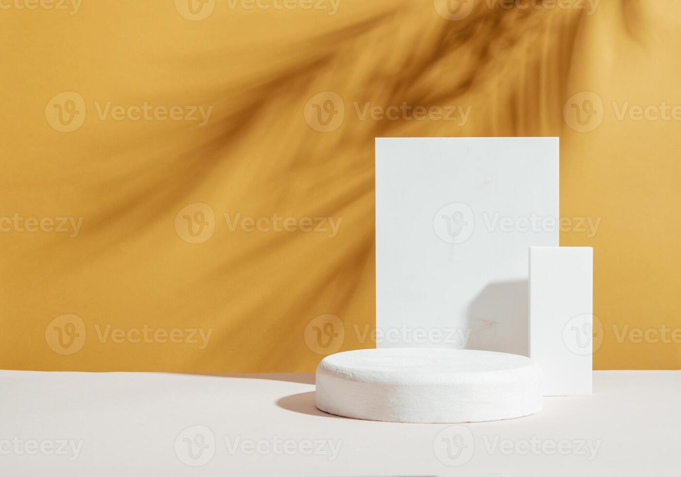 Abstract podium pedestal made white marble colorful bright empty background hard shadows from plant photo