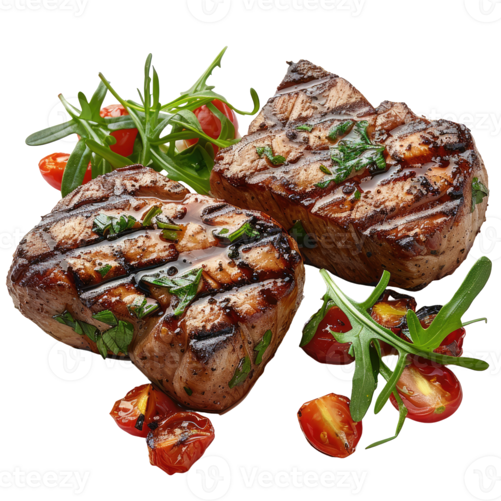 BBQ grill with flames, cooking juicy delicious beef meat with herbs without background, steak cooking on fire with vegetables . png