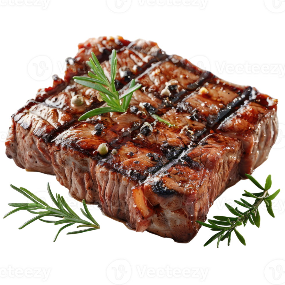 BBQ grill with flames, cooking juicy delicious beef meat with herbs without background, steak cooking on fire with vegetables . png