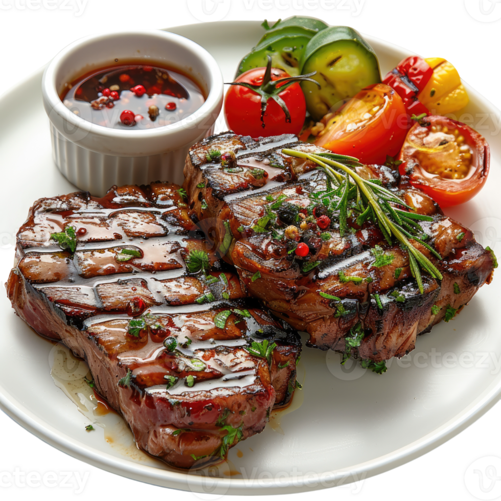 BBQ grill with flames, cooking juicy delicious beef meat with herbs without background, steak cooking on fire with vegetables . png