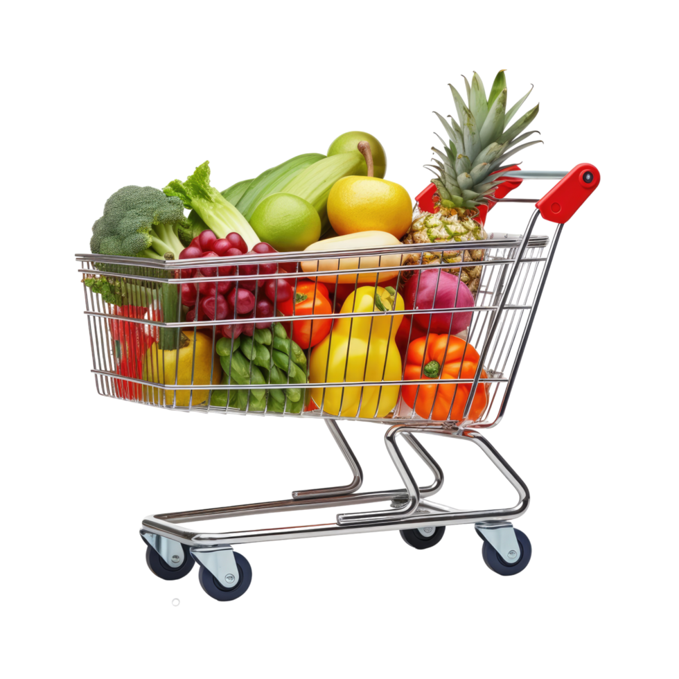 Shopping cart with food products isolated on transparent background, without background . png