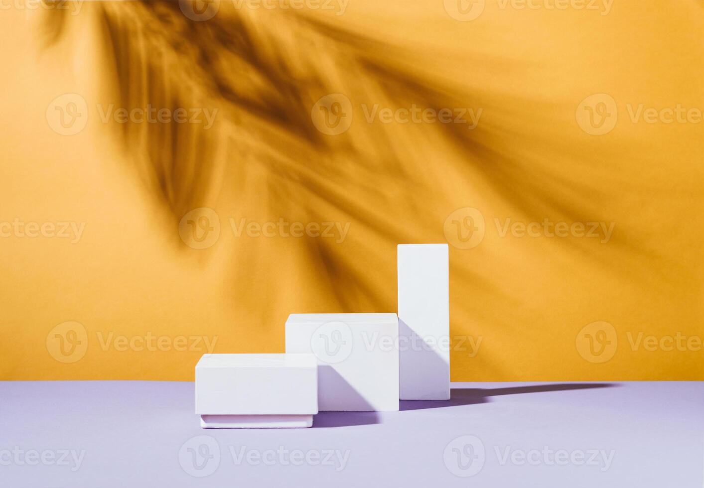 Abstract podium pedestal made white marble colorful bright empty background hard shadows from plant photo