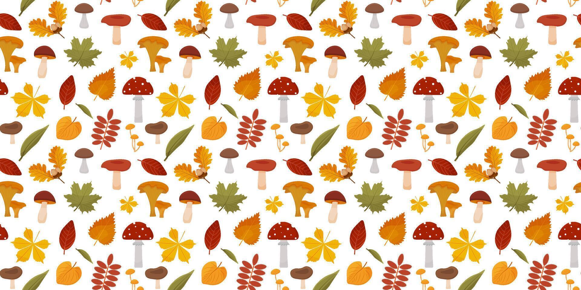 Seamless pattern with autumn leave and mushrooms. print for wallpaper, gift paper, textile, childrens background . illustration vector