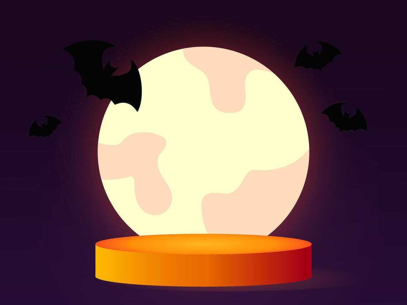 Orange cylindrical Podium. Halloween background. The moon and flying bat . illustration. empty platform vector