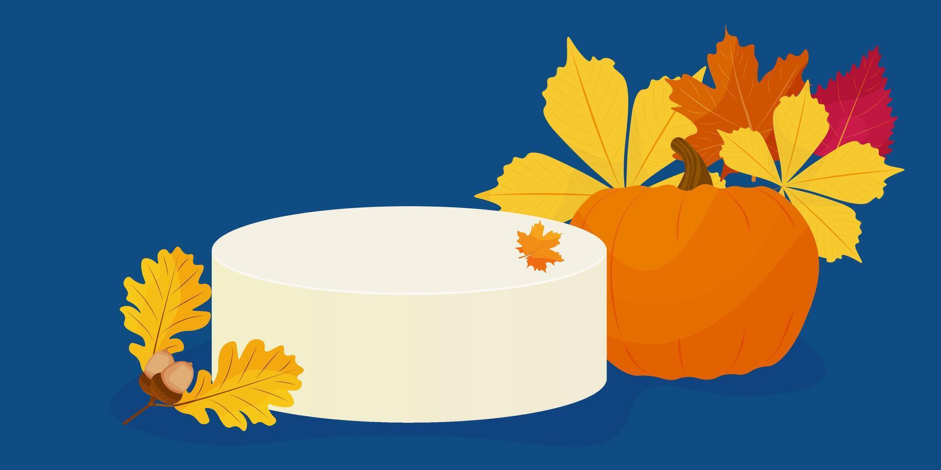 empty podium. blue background with colorful autumn leaves, pumpkin. to advertise products vector