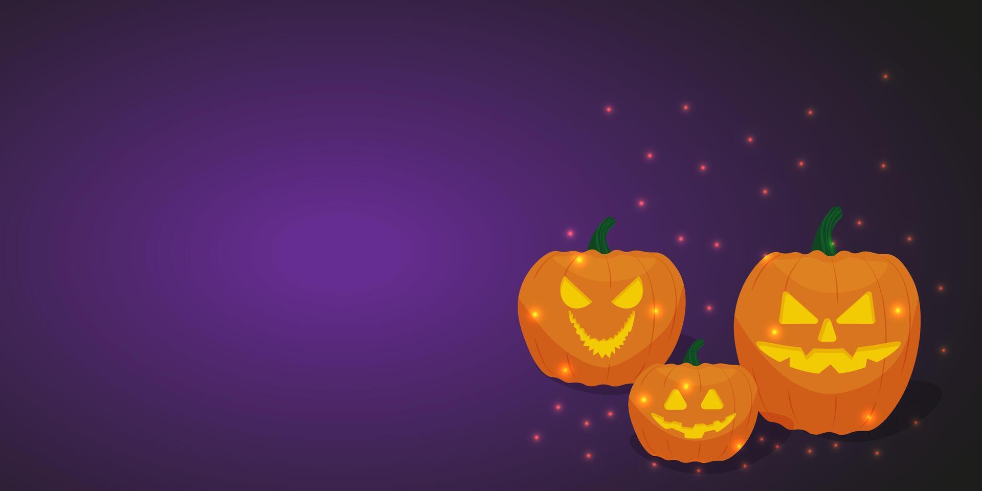 A banner for Halloween . Purple background with pumpkins with a scary smile carved. Horizontal poster. illustration vector