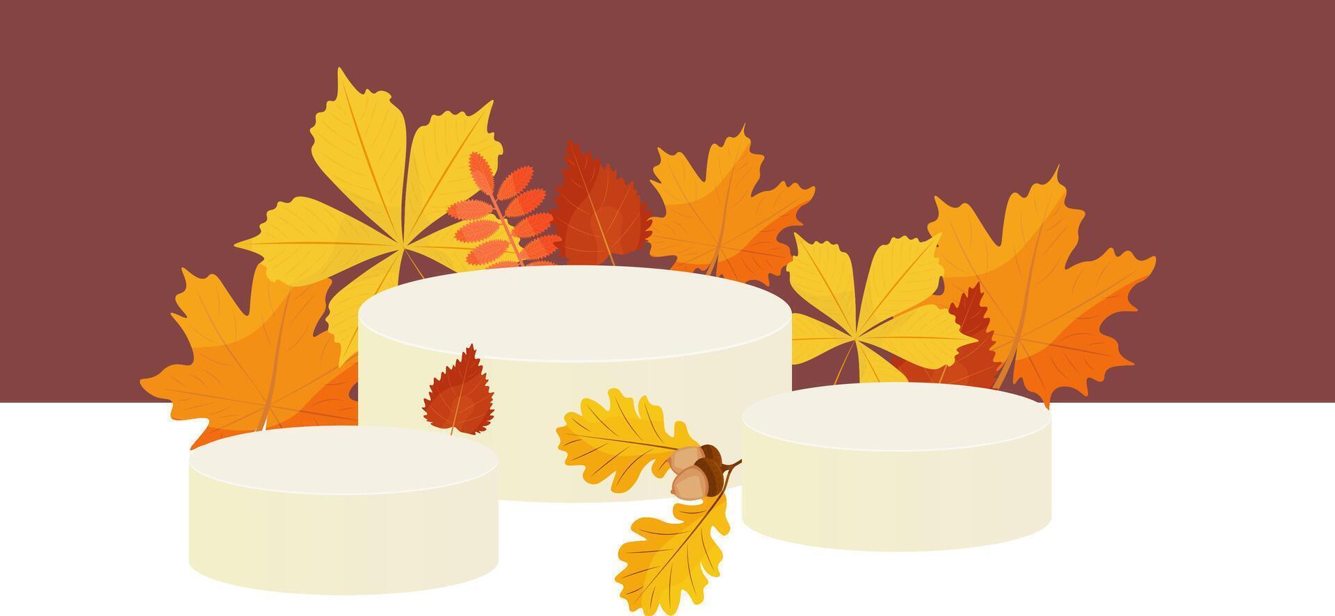 A podium layout with red and yellow leaves of the autumn season. illustration. Autumn floral background for advertising products. vector