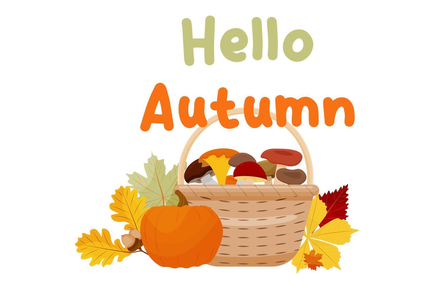 Hello, Autumn. Ripe pumpkin and autumn leaves, mushrooms, basket on a white background. illustration vector