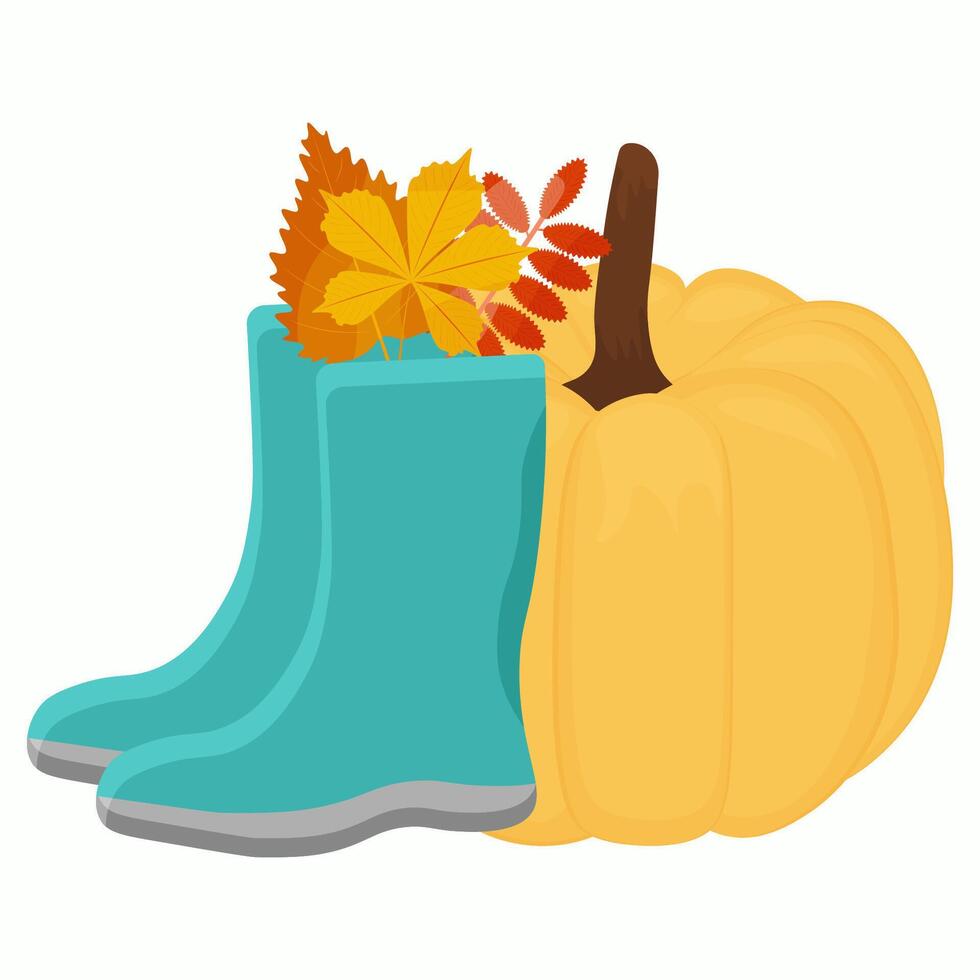 Cute autumn postcard. orange ripe pumpkin, rubber boots, autumn leaves. illustration. harvest day, halloween vector