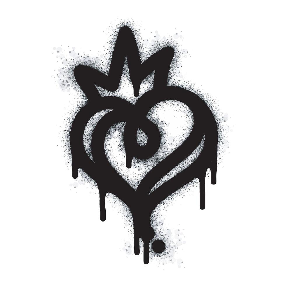 Spray heart sign with graffiti crown painted in black on white. Symbol of love falling in heart. isolated on white background. vector