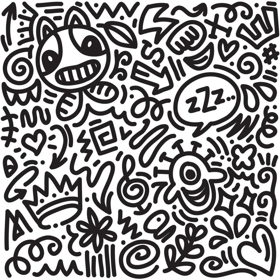 Fun black line doodle pattern. Creative minimalist style art background for children or trendy design with basic shapes. Simple childish scribble backdrop. vector