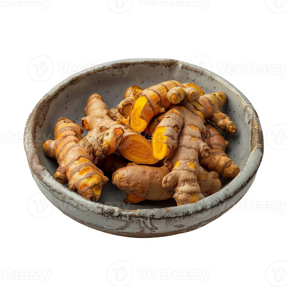 Turmeric root in a ceramic dish transparent background png