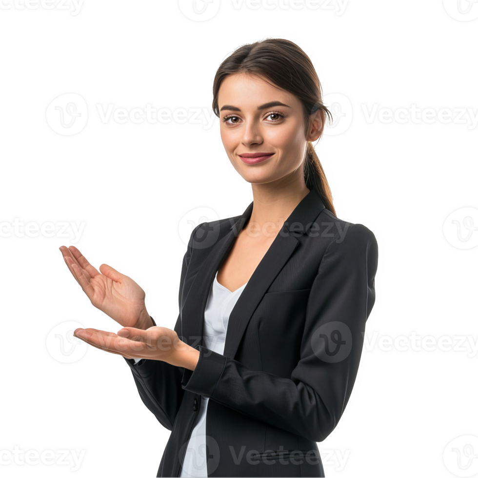 Businesswoman presenting and showing hand on palm transparent background png