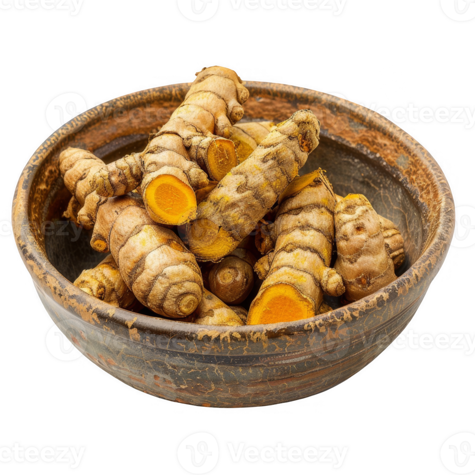 Turmeric root in a ceramic dish transparent background png