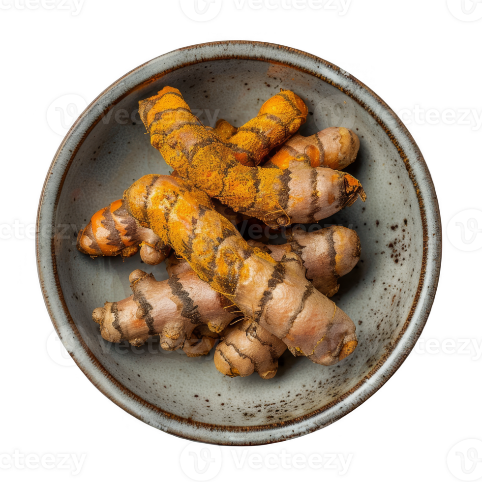 Turmeric root in a ceramic dish transparent background png