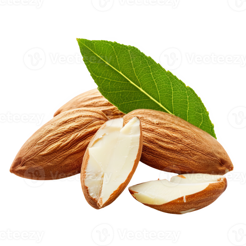 sliced almond with green leaves transparent background png