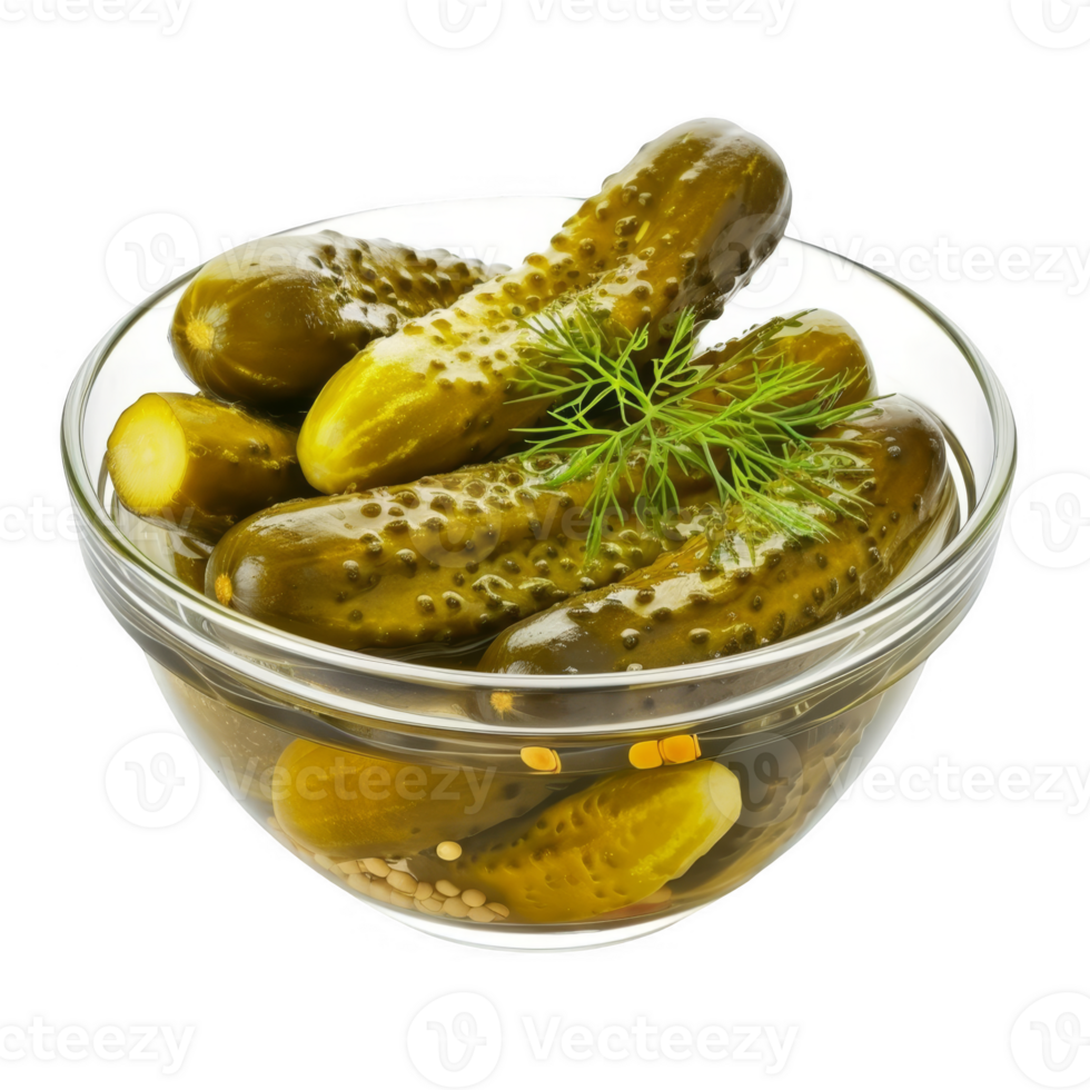 Dill pickles in a glass bowl transparent background png