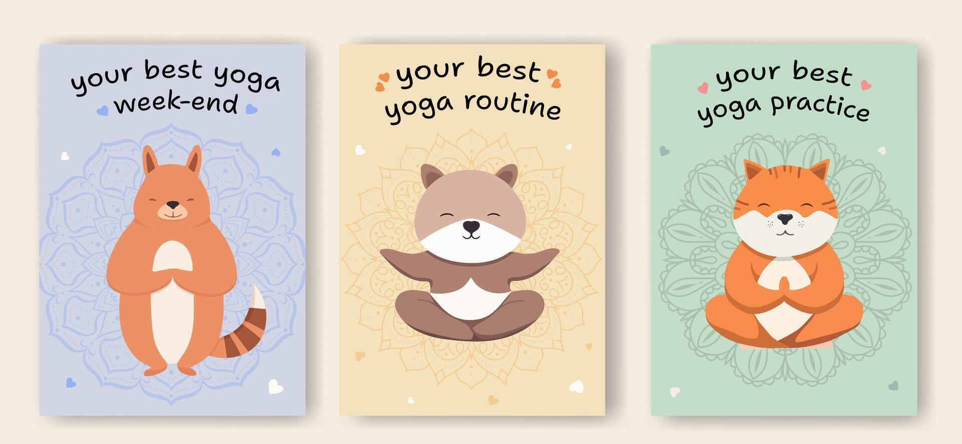 Yoga postcards with cute animal characters. Cartoon animals doing yoga and meditation in lotus pose and tree pose. Inspirational illustration for good mood. vector