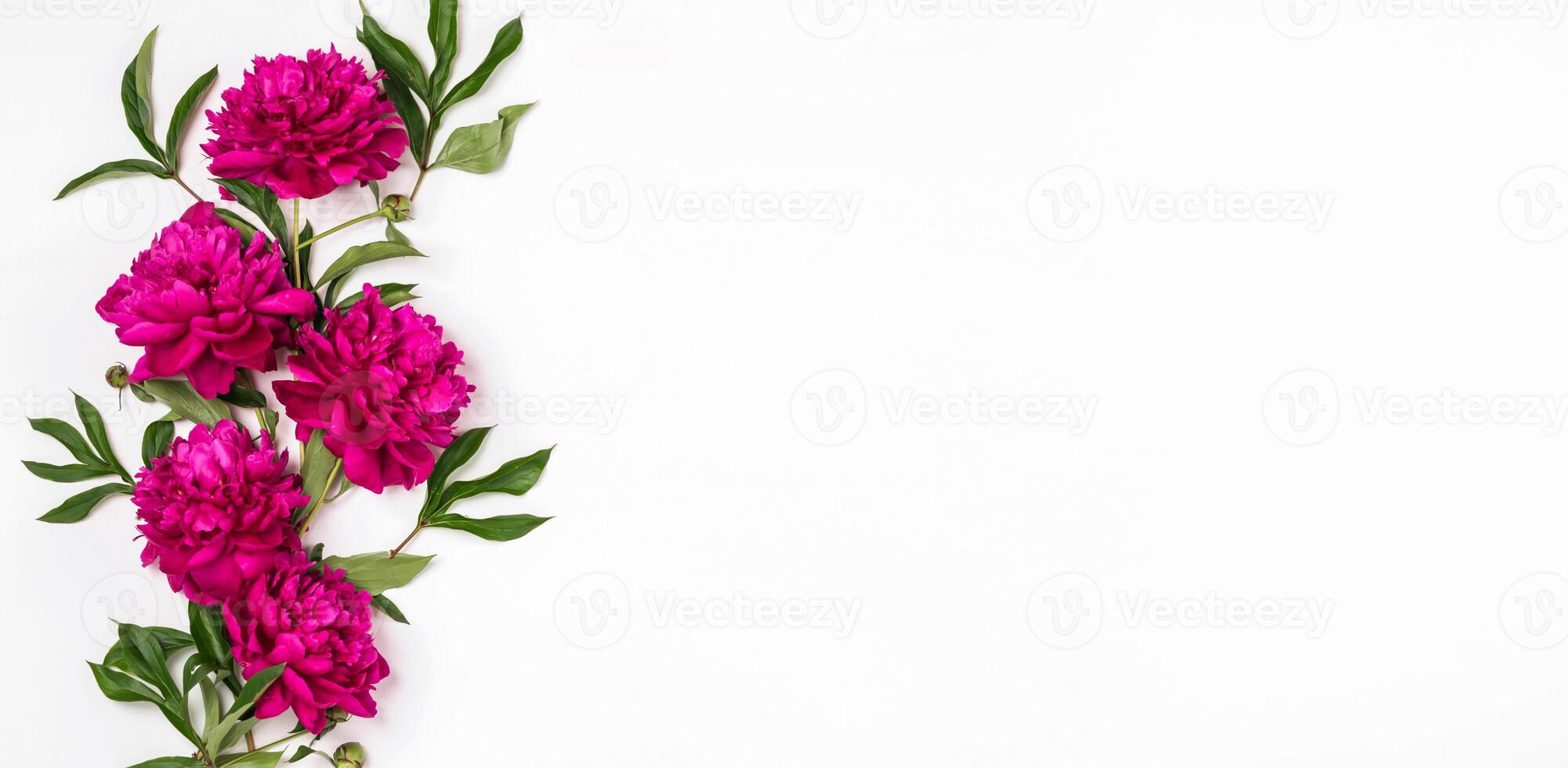 Beautiful burgundy pink peonies stand in a round vase on the table. Light background selective focus. Horizontal frame photo