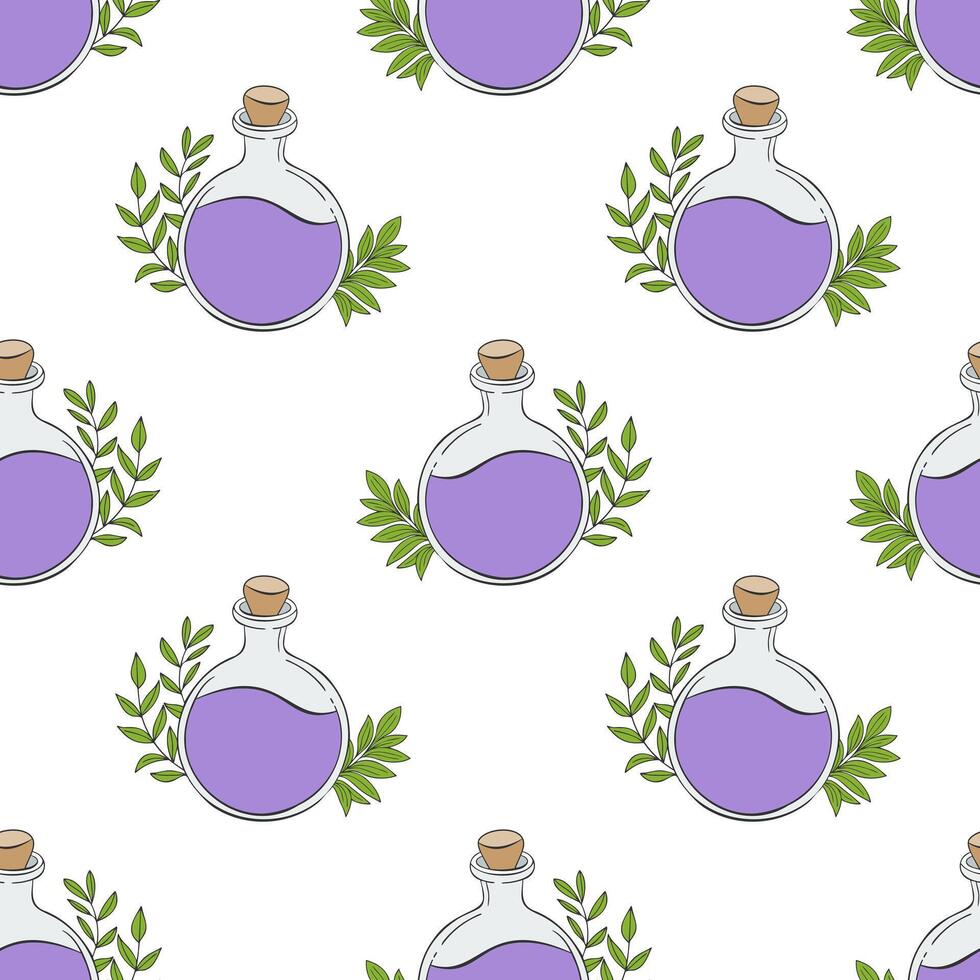 Pattern with magic purple flasks bottles, doodle hand drawn in boho style with leaves, on white background. vector