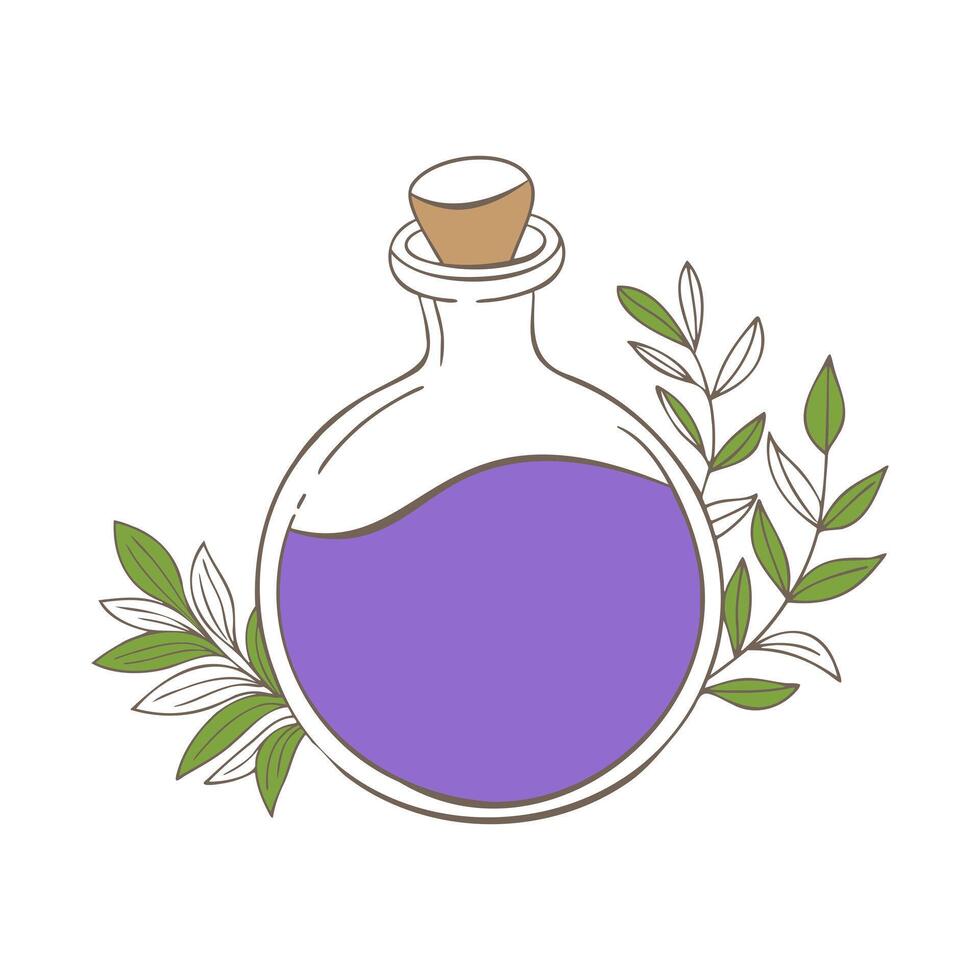 Magic purple flask bottle, doodle hand drawn in boho style with leaves, isolated on white background. vector