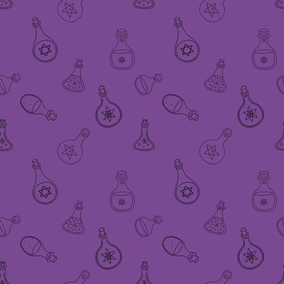 Seamless purple pattern with magic bottles. Printing on fabric. Magic potion. Ornament with flasks with elixir with occult unreal signs and symbols. vector
