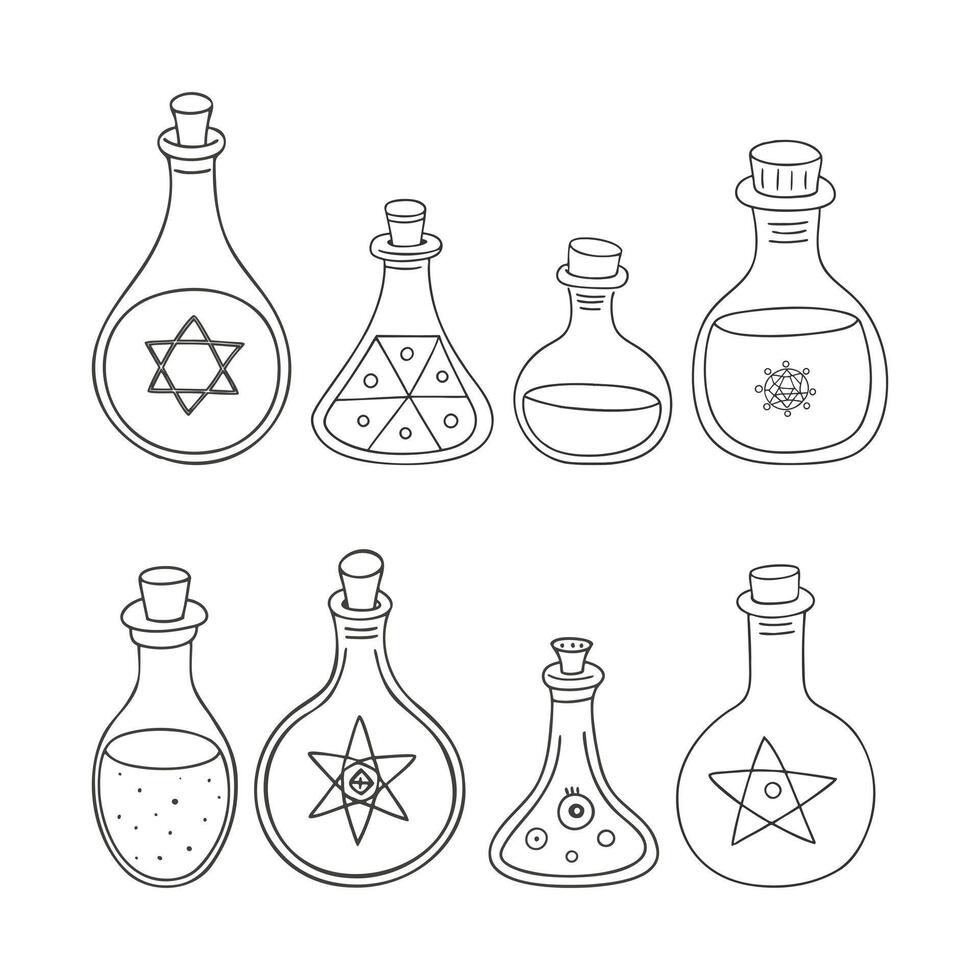 Set of bottles and flask with magic potions. Doodle hand drawn stylized. vector