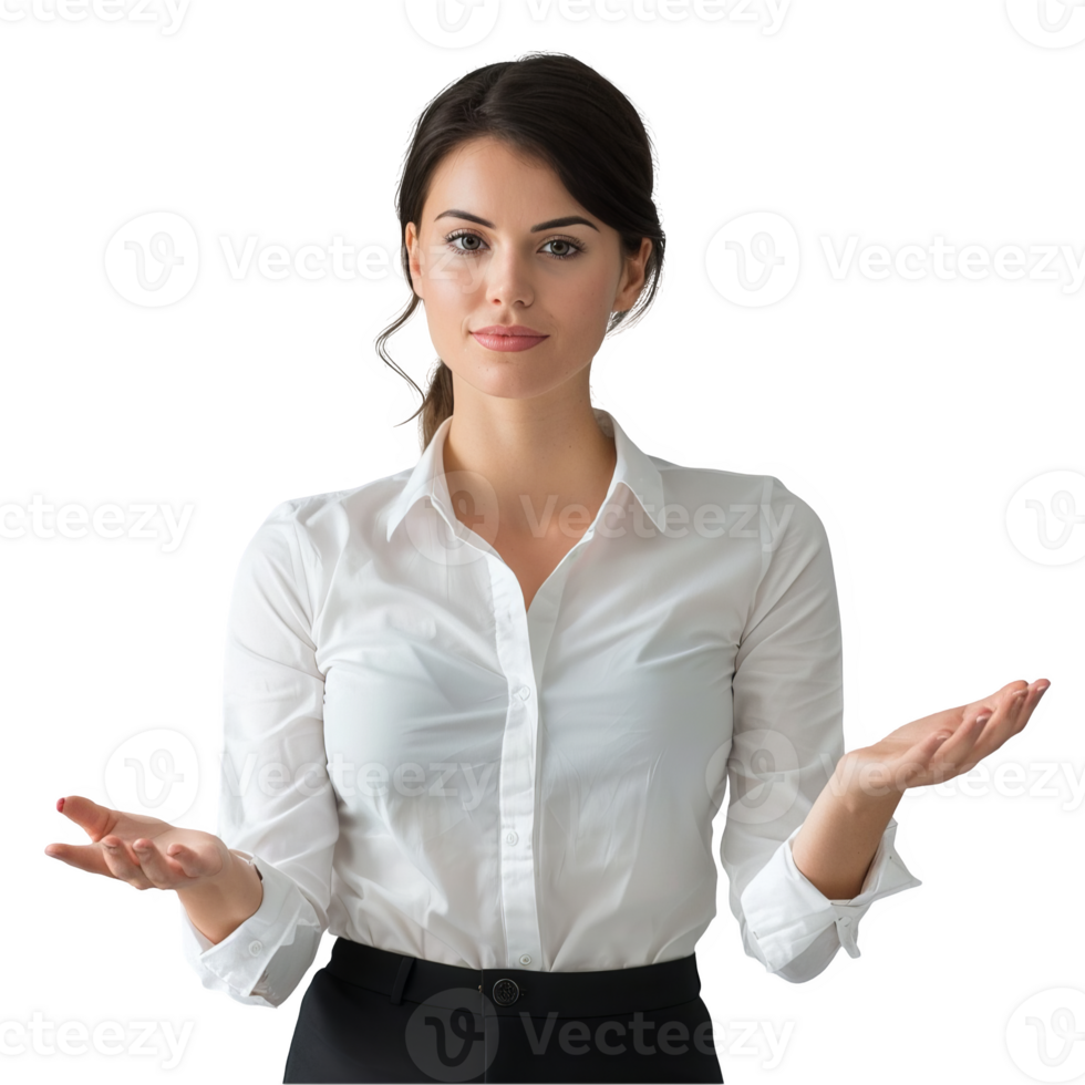Businesswoman presenting and showing hand on palm transparent background png