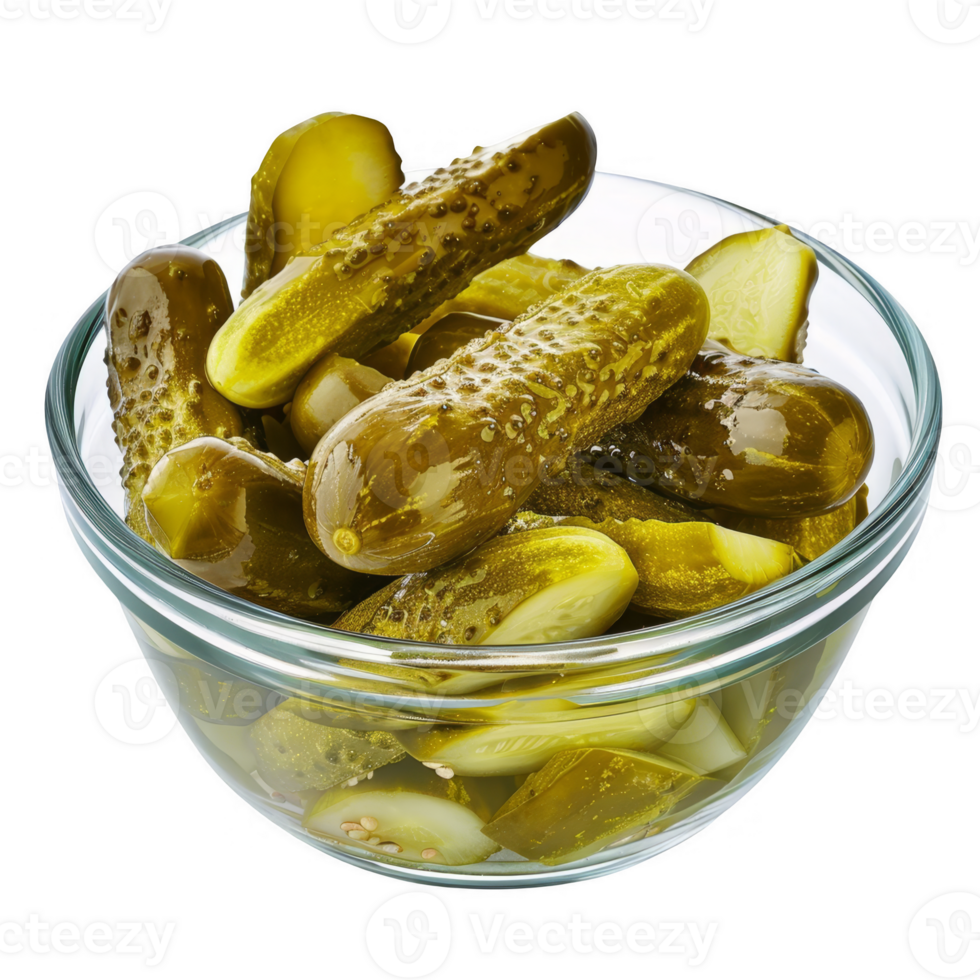 Dill pickles in a glass bowl transparent background png