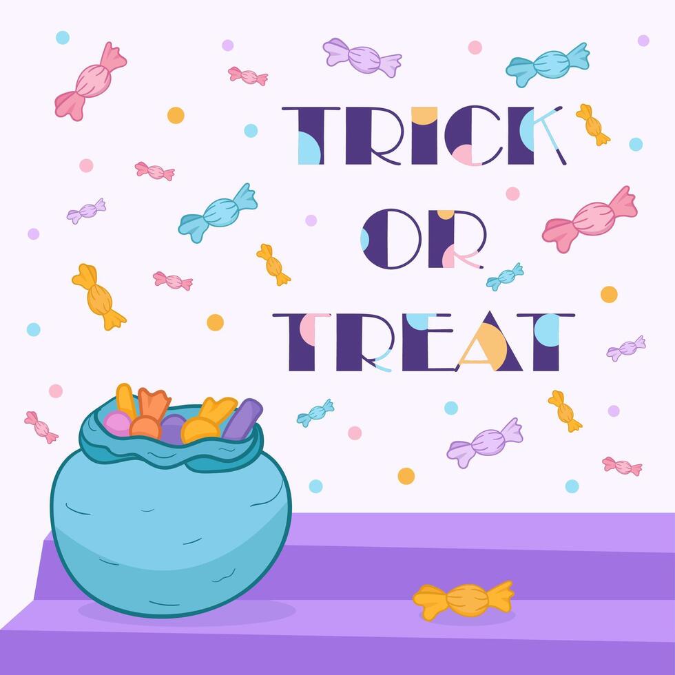 happy halloween greeting card post, internet, social media, flat illustration, trick of treat, colorful candies and background, bag of sweets, for children vector