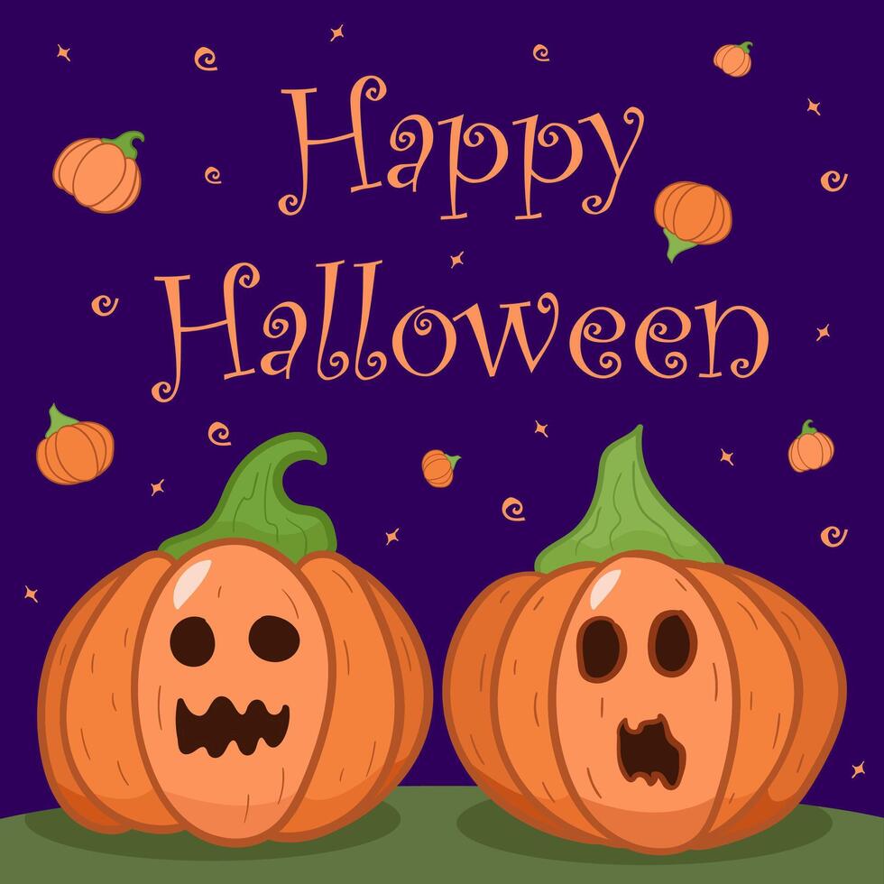 happy halloween greeting card post, internet, social media, flat illustration, scary pumpkins, for kids, simple background vector