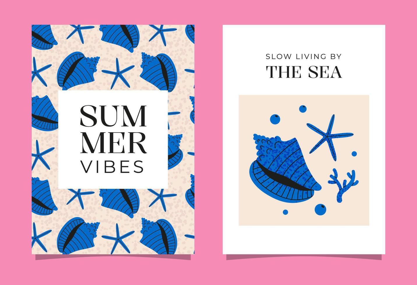 Seashells poster set. Creative concept of summer bright cards. Flat templates for celebration, ads, branding, banner, poster, sales. vector