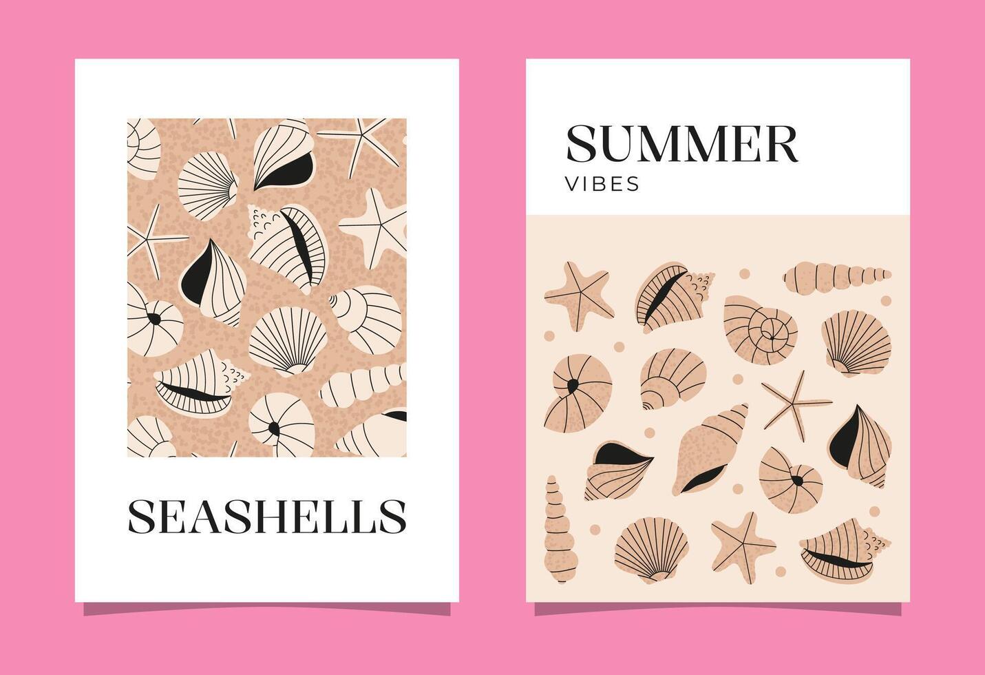 Seashells poster set. Creative concept of summer bright cards. Flat templates for celebration, ads, branding, banner, poster, sales. vector
