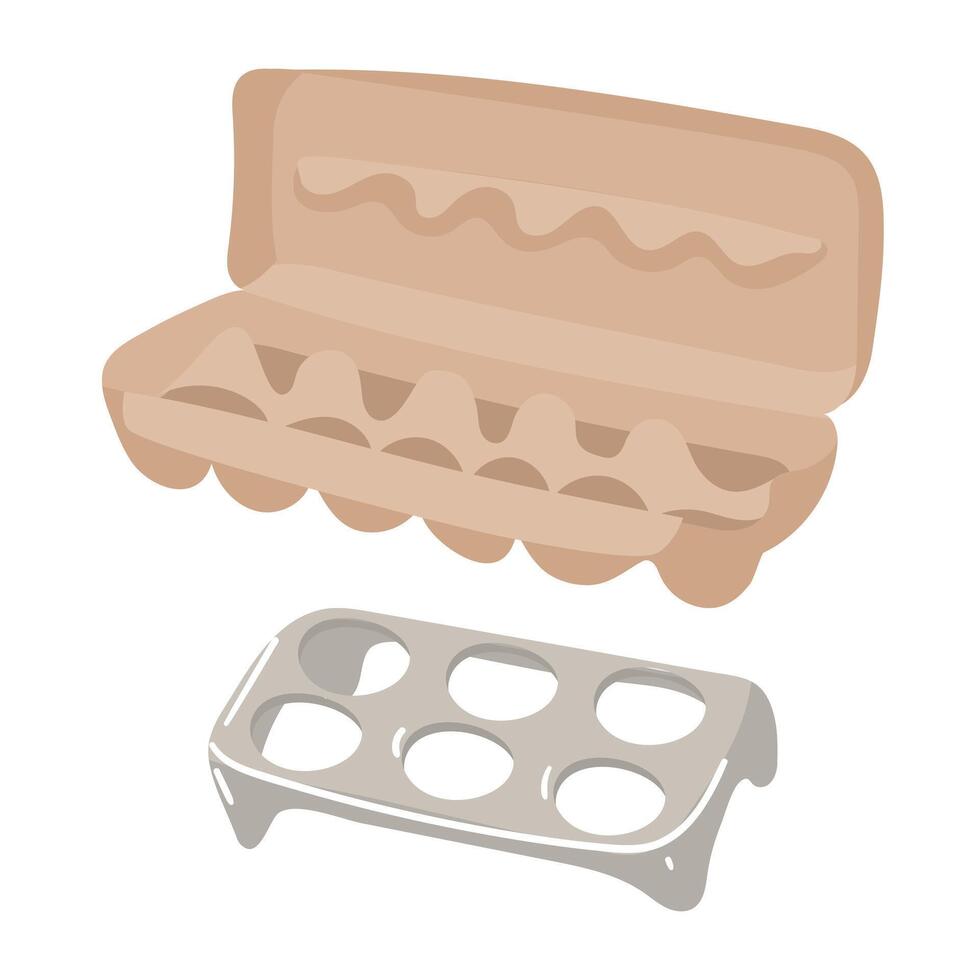 A set of two illustrations shows an open empty cardboard box, usually used for transporting and displaying eggs, and shows a plastic egg tray designed to store eggs in the refrigerator. Collection vector