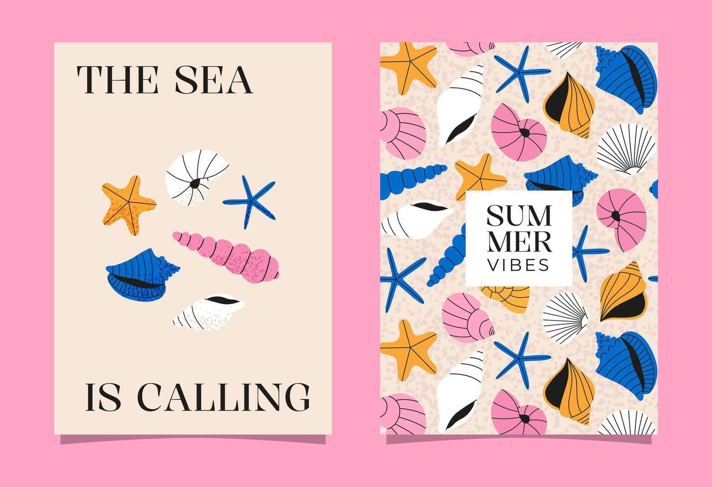 Seashells poster set. Creative concept of summer bright cards. Flat templates for celebration, ads, branding, banner, poster, sales. vector