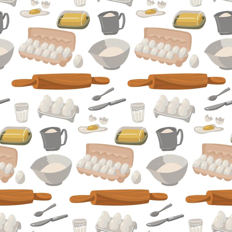 A pattern with images of the main baking ingredients sifted flour, measuring cup, fresh chicken egg, rolling pin, glass of milk, spoon, knife, butter. Seamless kitchen illustration vector