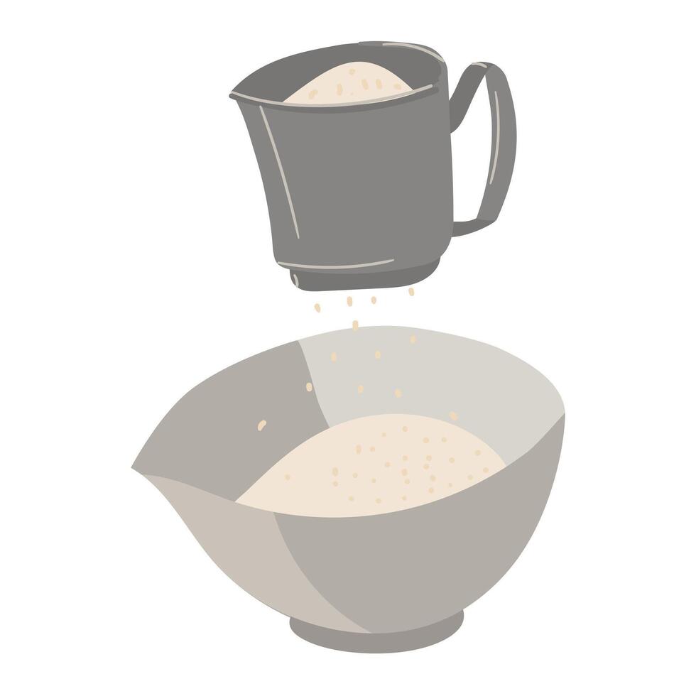 Large image of a plate or bowl filled with finely sifted flour, with a metal sieve located on top. An isolated illustration of the cooking flour preparation process. Flat illustration for the kitchen vector