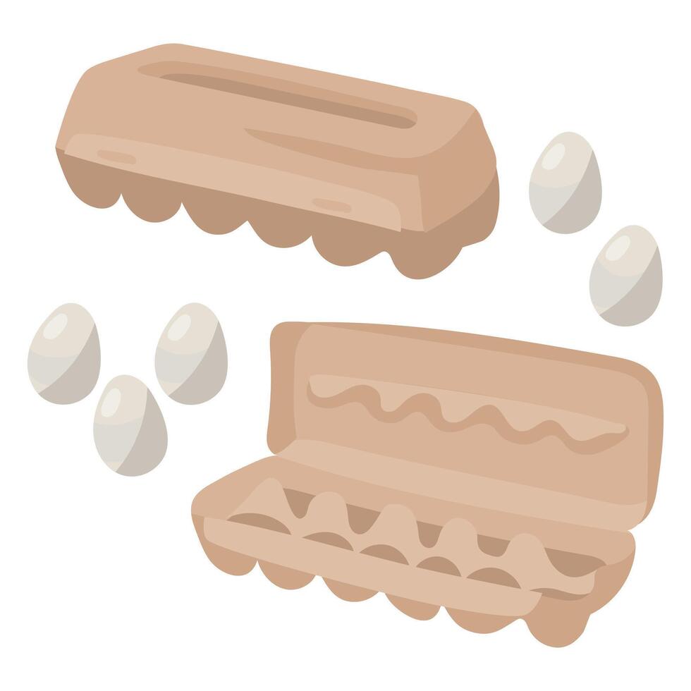 Two images of a cardboard egg carton open and closed. The closed box has a classic design, and the open one has empty cells in which you could put eggs. White chicken eggs all around. Isolated items vector