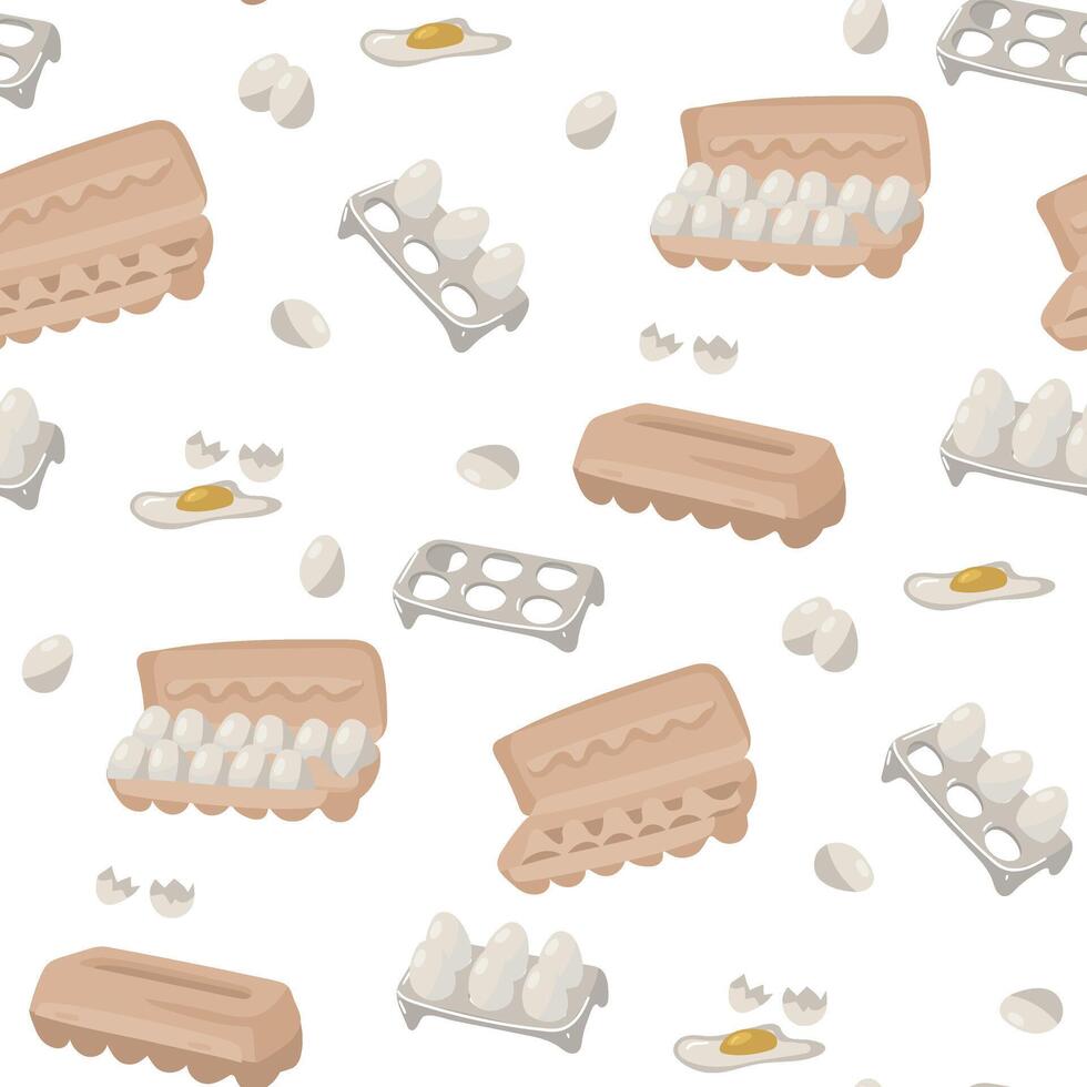 A pattern with illustrations of different types of egg cartons. The paper and plastic shape of the cell and whole white chicken eggs in which you can put eggs, a broken egg. Packaging vector