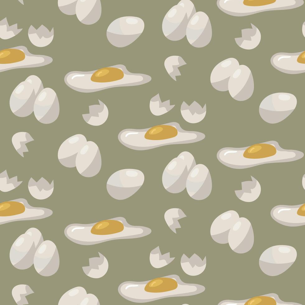 A close up pattern of a broken chicken egg with a cracked shell. The yolk is visible, ready for cooking or baking. The yolk and white of a broken chicken egg. Packaging whole and broken eggs vector