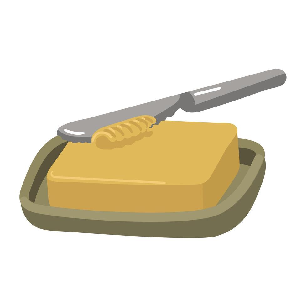 A piece of butter is cut off with a metal knife for spreading on bread. Perfect for adding juiciness and flavor to your culinary creations. The separated piece of butter is cut off with a knife vector