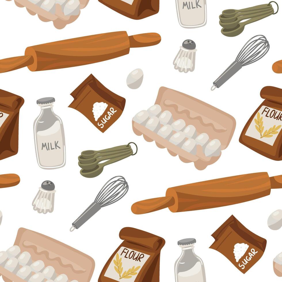 A pattern with images of the main baking ingredients a paper bag with flour, a rolling pin, salt, a fresh chicken egg, a whisk, a bottle of milk, measuring spoons. Seamless kitchen illustration vector