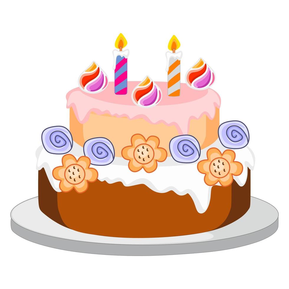 illustration of a birthday cake, cakes and cupcakes, candles and decorations. Layered cakes with icing and cream insulated burning candles. Chocolate and vanilla pastries with cream and candles vector