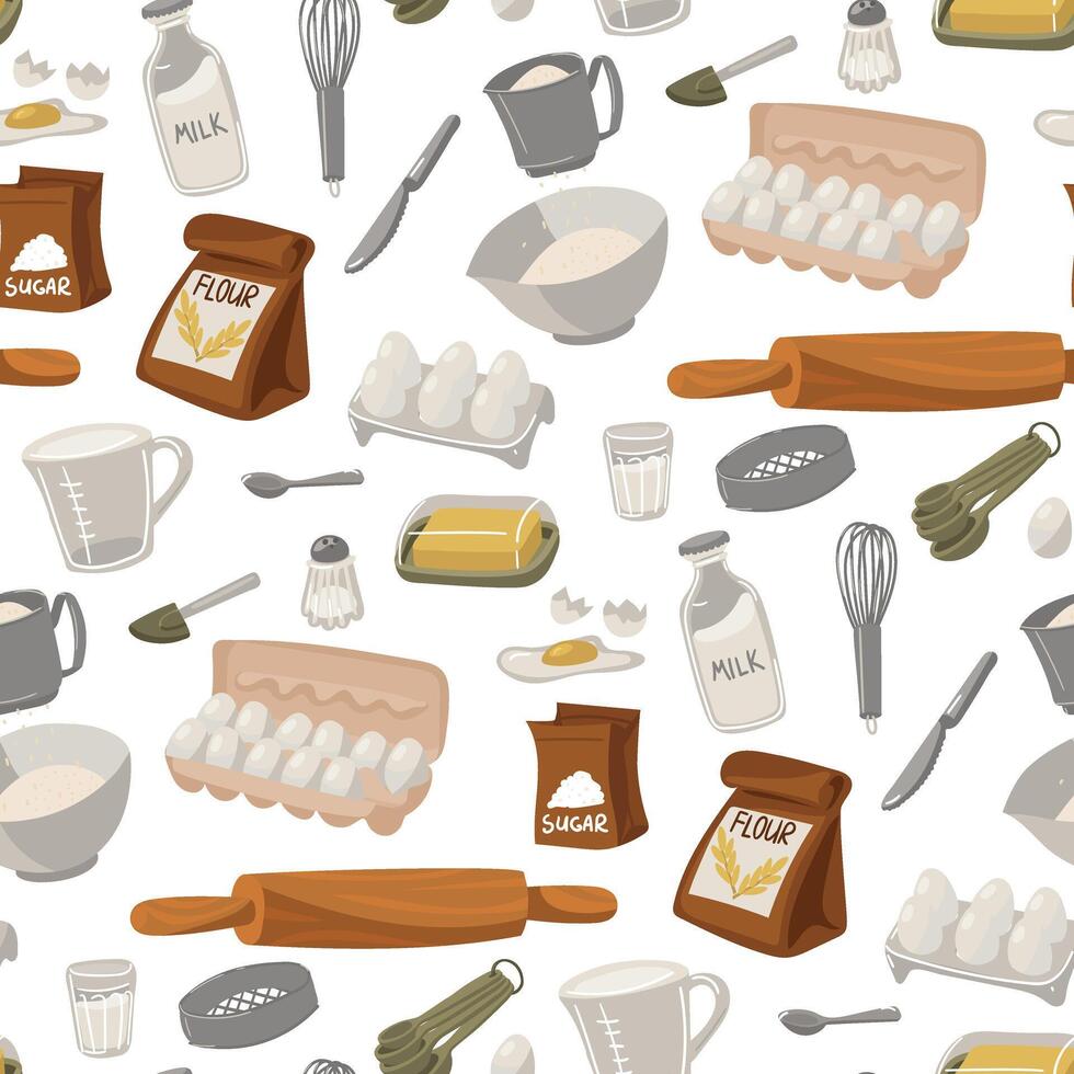 pattern with images of the main ingredients for baking flour and sugar in paper bag, measuring cup, fresh chicken egg, wooden rolling pin, a glass of milk, spoon, a knife, butter. Seamless kitchen vector