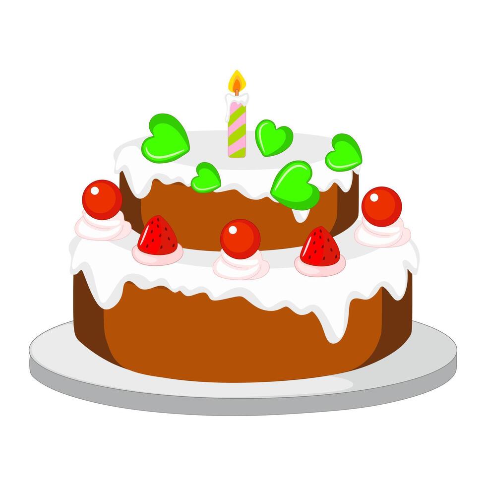 illustration of a birthday cake, cakes and cupcakes, candles and decorations. Layered cakes with icing and cream insulated with burning candles. Chocolate and vanilla pastries with cream hearts vector