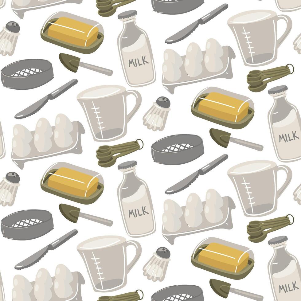 pattern with images of the main baking ingredients is a paper bag with sugar, a measuring cup, a fresh chicken egg, a knife, a bottle of milk, measuring spoons, butter. Seamless kitchen illustration vector