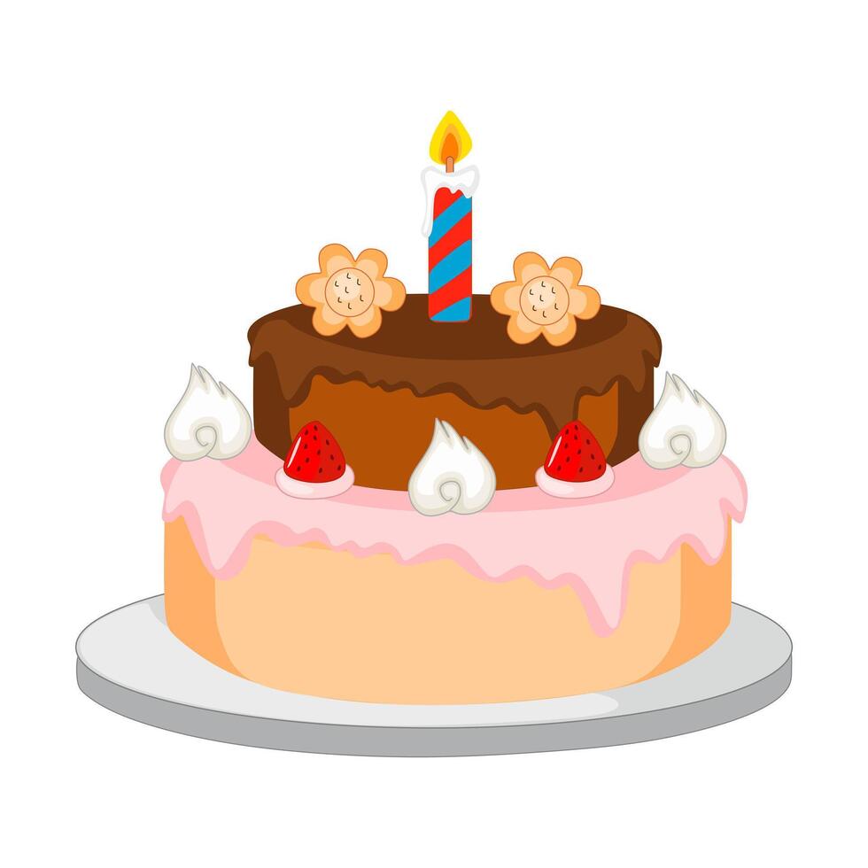 illustration of a birthday cake, cakes and cupcakes, candles and decorations. Layered cakes with icing and cream insulated with burning candles. Chocolate and vanilla pastries vector