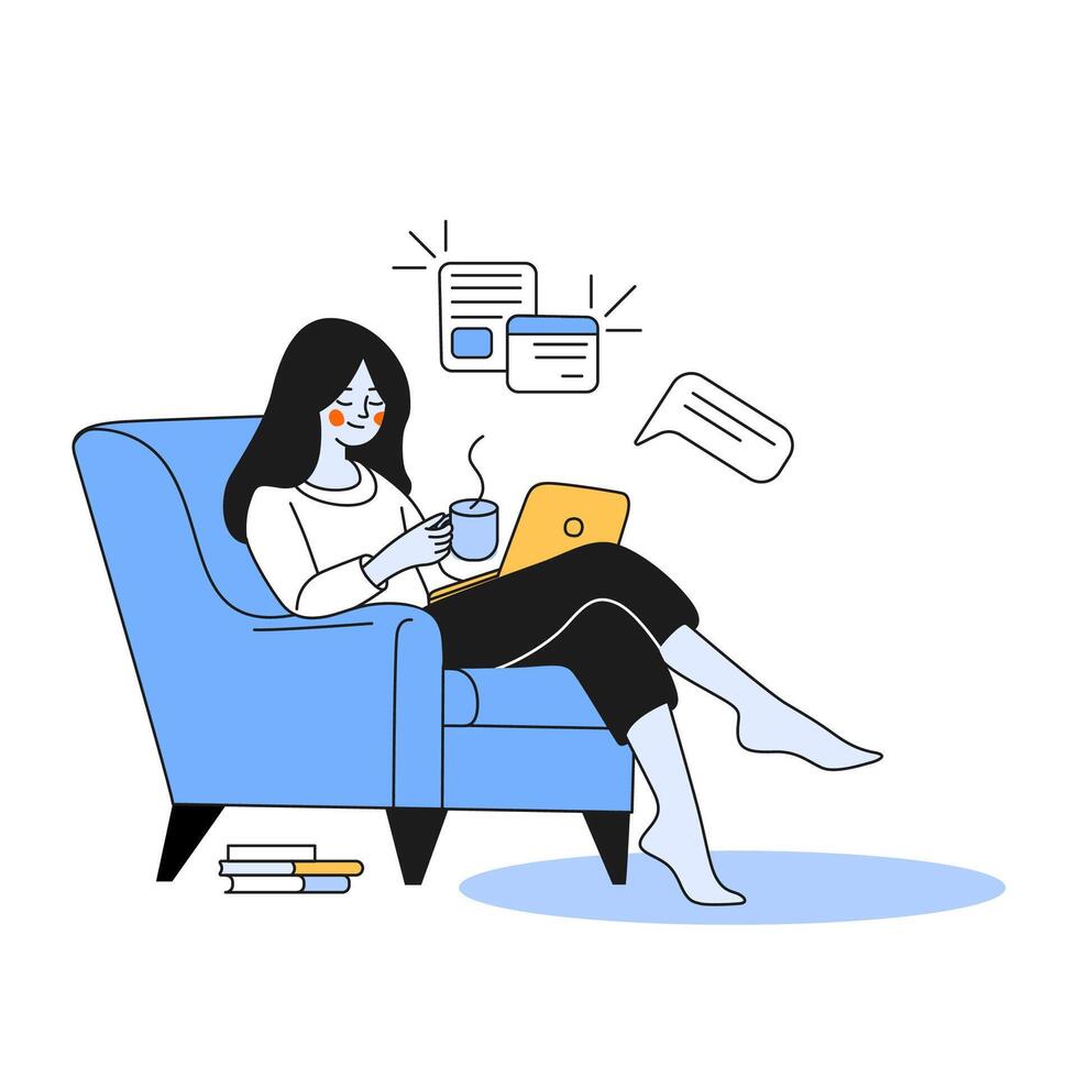 Girl sits in chair and looks at her laptop, in her hands she holds a cup with a drink, coffee. Woman is reading the news, sitting cross-legged, with books next to her. Internet surfing. illustration vector