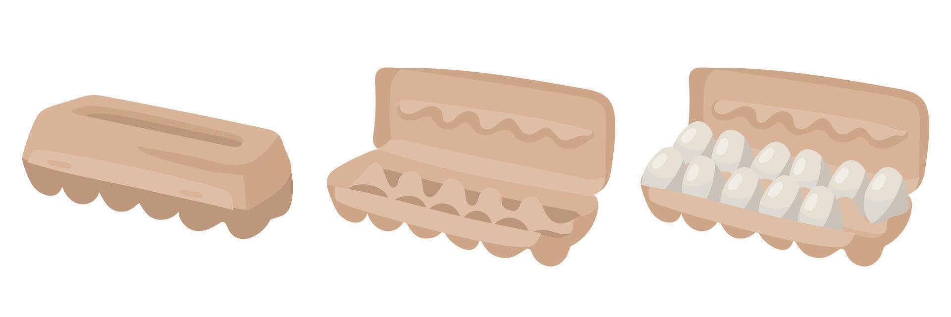 Several illustrations of a cardboard egg box open and closed. Closed box has a classic design, and the open one has empty cells and full white chicken eggs in which you could put eggs. Isolated items vector